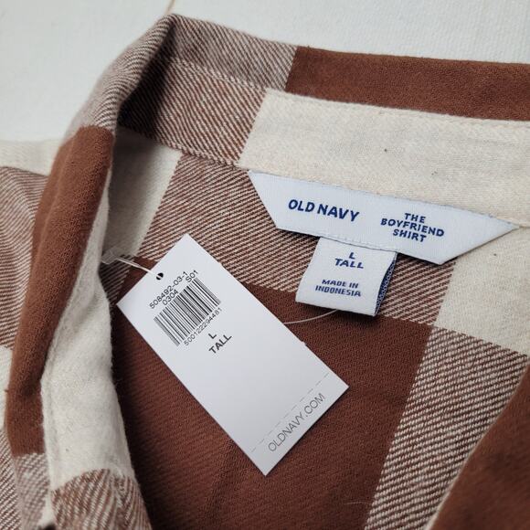 Old Navy Boyfriend brown check flannel shirt oversized button down LS tall - Picture 4 of 7